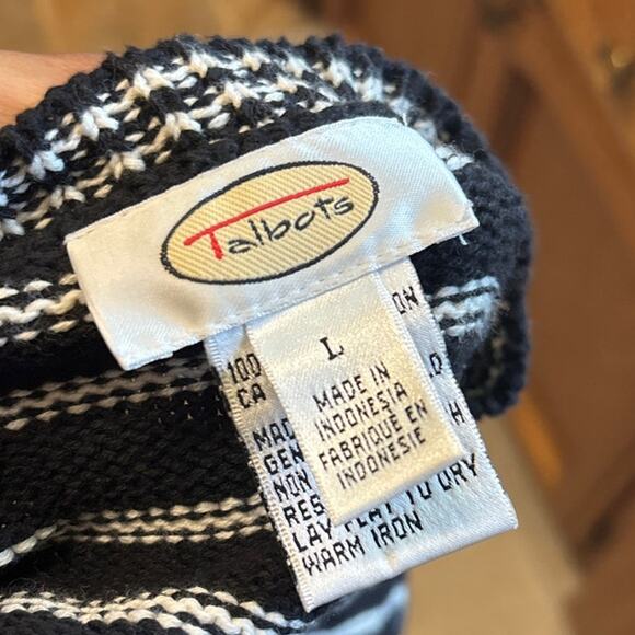 Talbots Striped Cardigan Sweater Large Black White Zip Up Preppy Academia Office - Picture 5 of 7